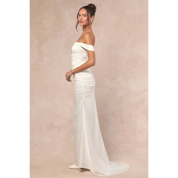 Lulus Torri White Satin Off-the-Shoulder Maxi Dress Size Medium - Picture 3 of 13